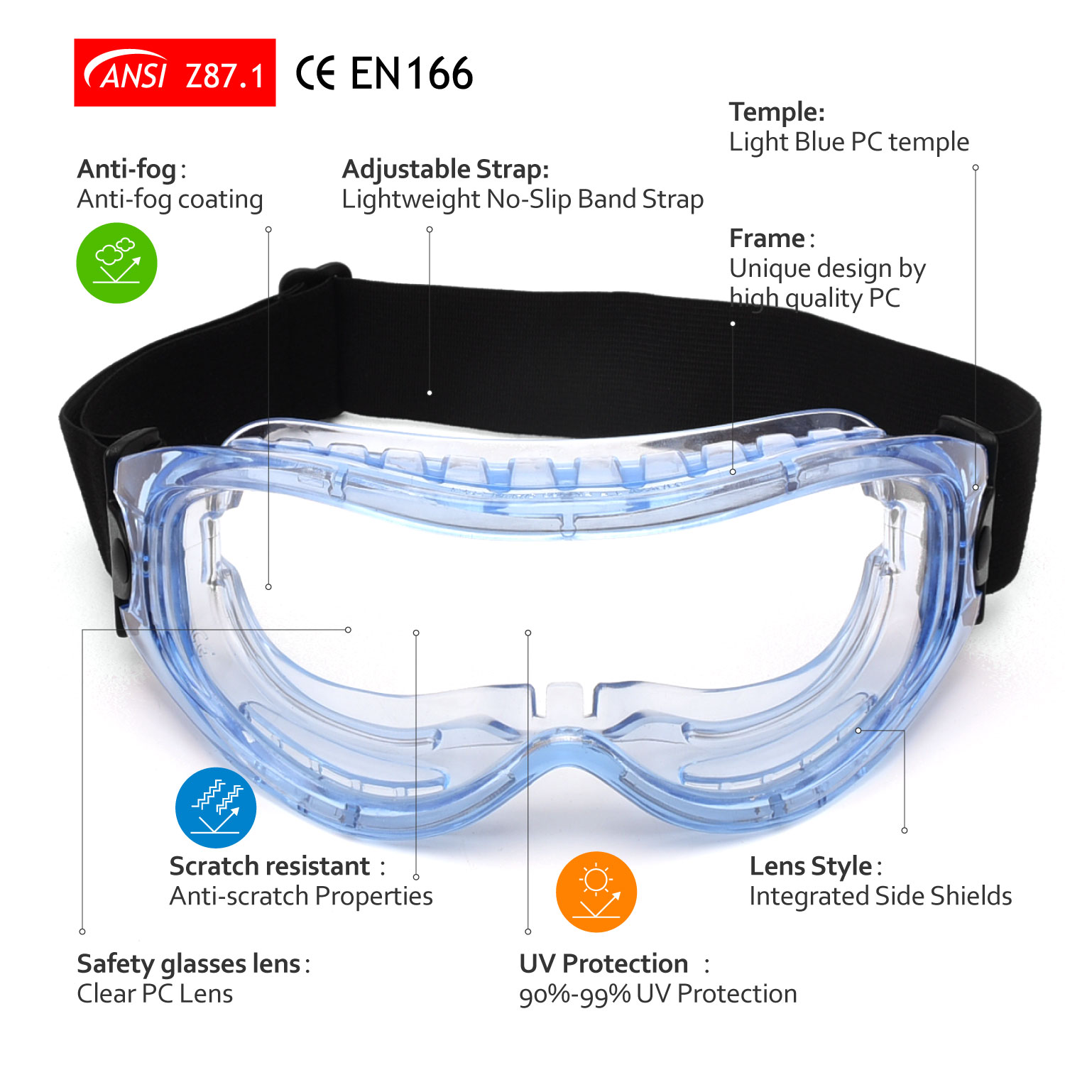 Gafas de seguridad transparentes y duraderas SG007 Azul