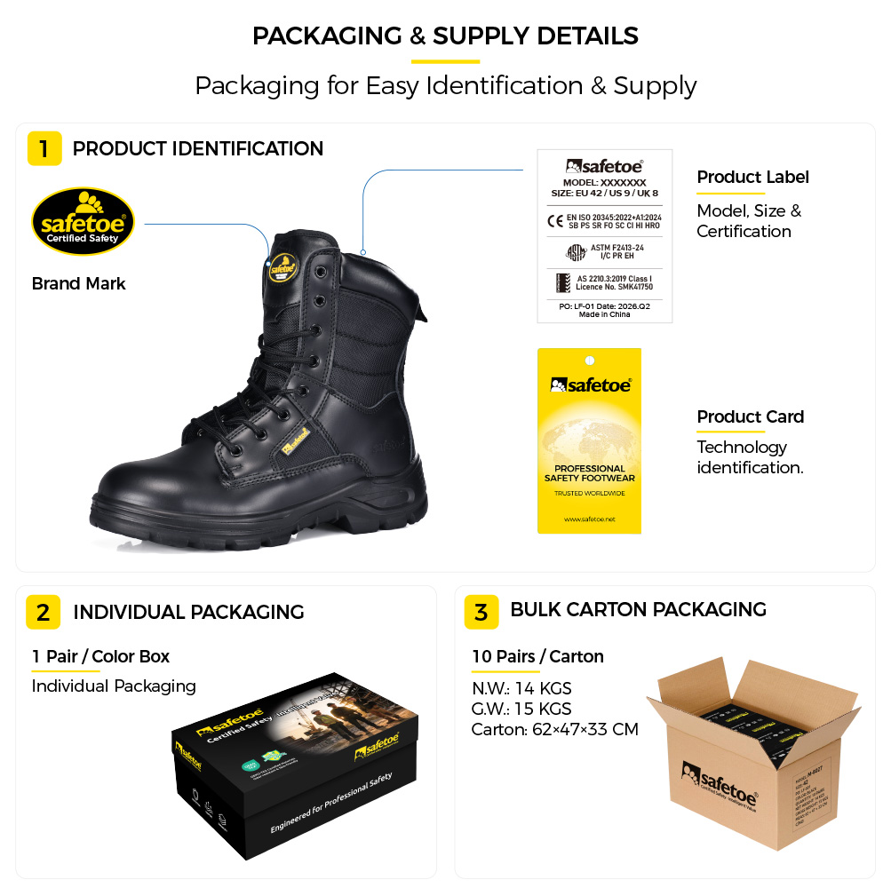 Safetoe H-9438 Tactical Safety Boots Packaging Details Safetoe Botas de seguridad tácticas H-9438 detalles del empaque que muestran la etiqueta del producto, la caja de zapatos individual y el suministro de cajas de cartón a granel