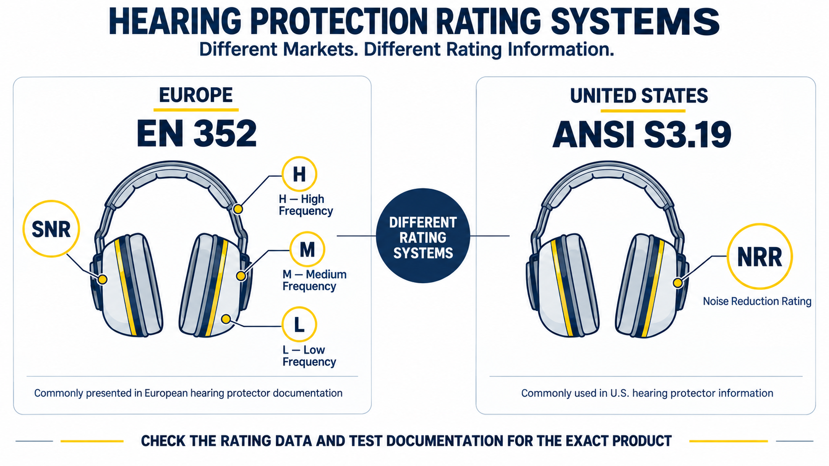 European SNR and U.S. NRR Hearing Protection Ratings Datos de atenuación SNR y HML europeos comparados con las clasificaciones de protección auditiva NRR de EE. UU.