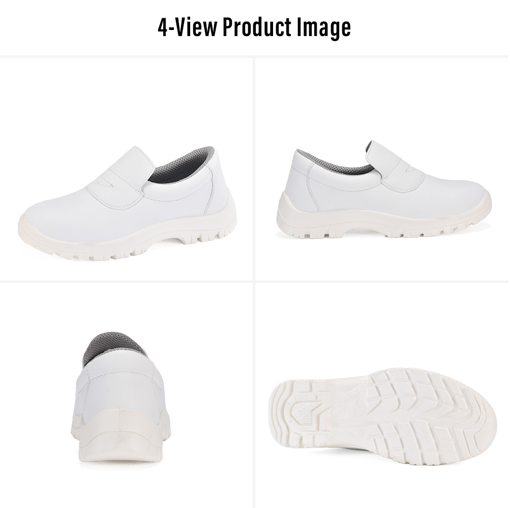 L-7019 White Food Industry Safety Shoes – Four Views Cuatro vistas de Safetoe Zapatos de seguridad de microfibra blanca L-7019 con punta de acero para procesamiento de alimentos y trabajos de cocina