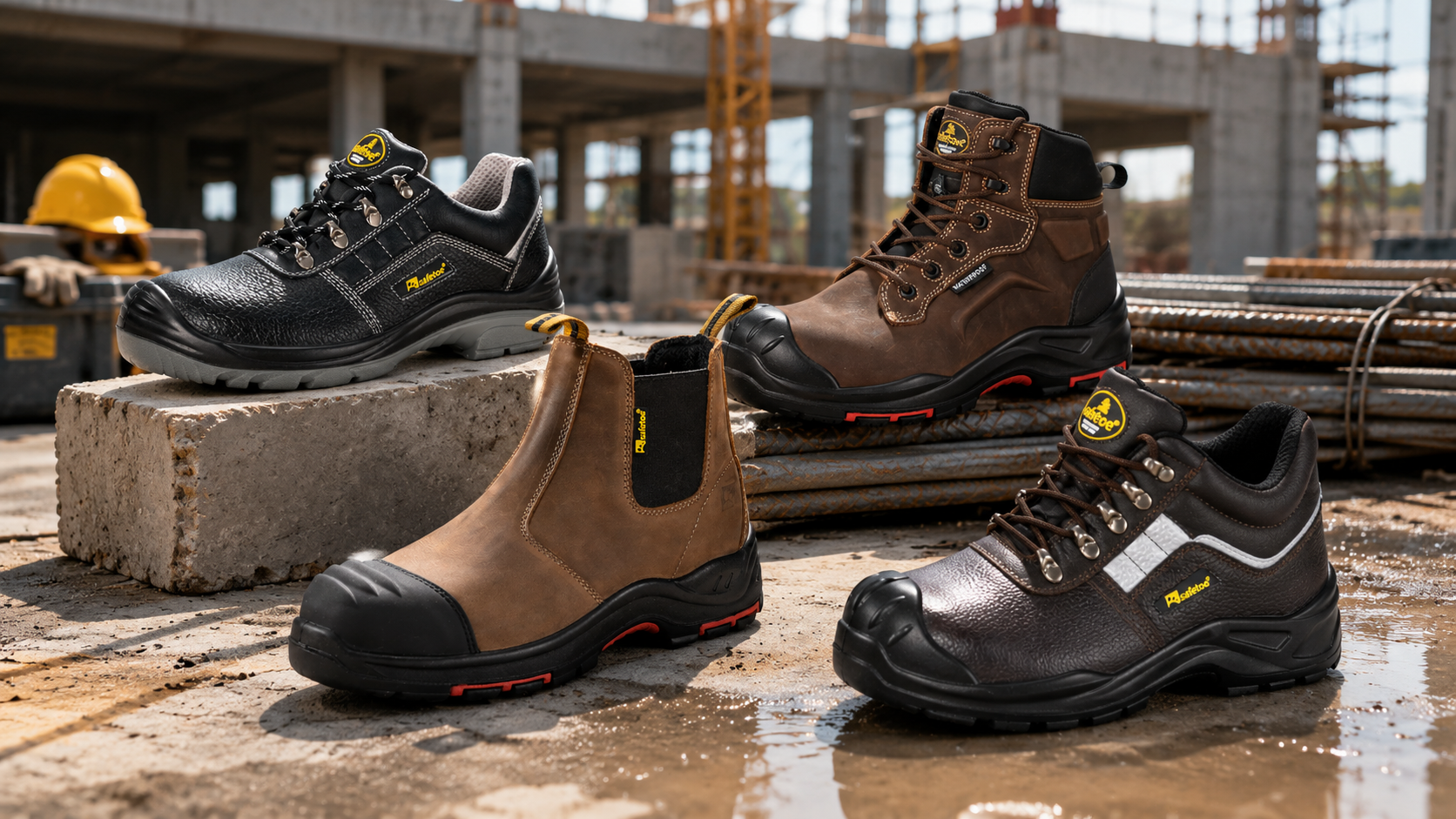 Safetoe Construction Safety Footwear Collection Cuatro estilos de calzado de seguridad para la construcción Safetoe mostrados en una obra húmeda