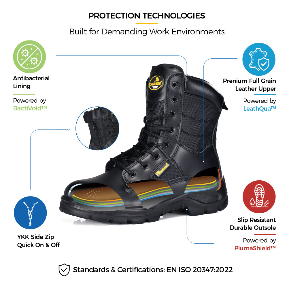 Safetoe H-9438 OB Tactical Occupational Boot Technologies Safetoe Bota ocupacional táctica OB H-9438 con forro antibacteriano, parte superior de cuero de plena flor, cremallera lateral YKK y suela exterior antideslizante