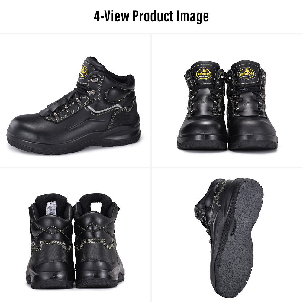 M-8565PV Asphalt Paving Safety Boots – Four Views Cuatro vistas de Safetoe Botas de seguridad para pavimentación de asfalto de cuero negro M-8565PV con suela exterior plana resistente al calor