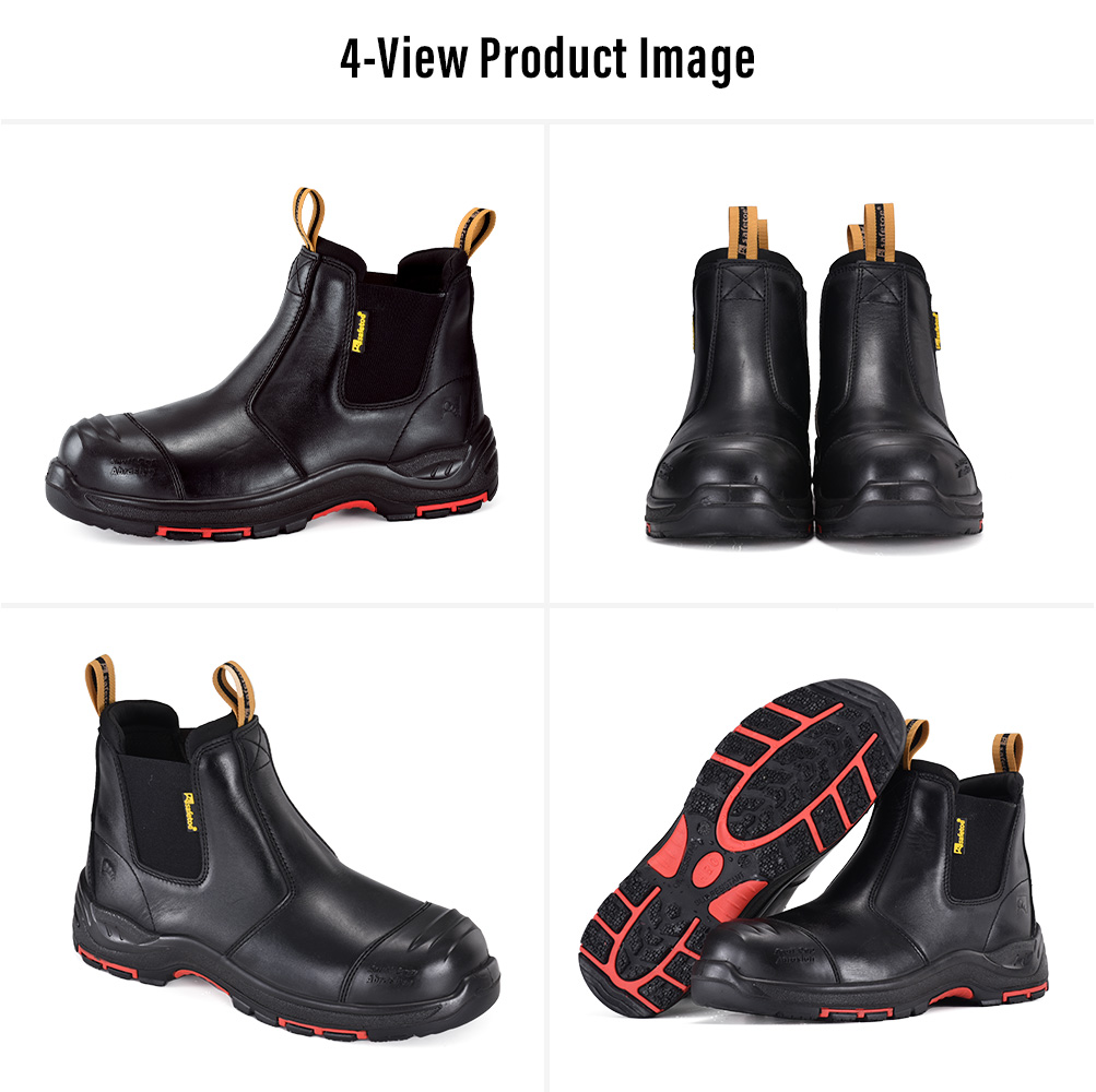 M-8025NBK Black Slip-On Work Boot Views Varias vistas de Safetoe botas de trabajo industriales sin cordones de cuero negro M-8025NBK