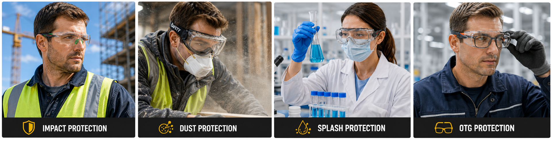 Industrial Safety Glasses & Safety Goggles Gafas de seguridad industrial y gafas de seguridad para protección ocular en el lugar de trabajo.