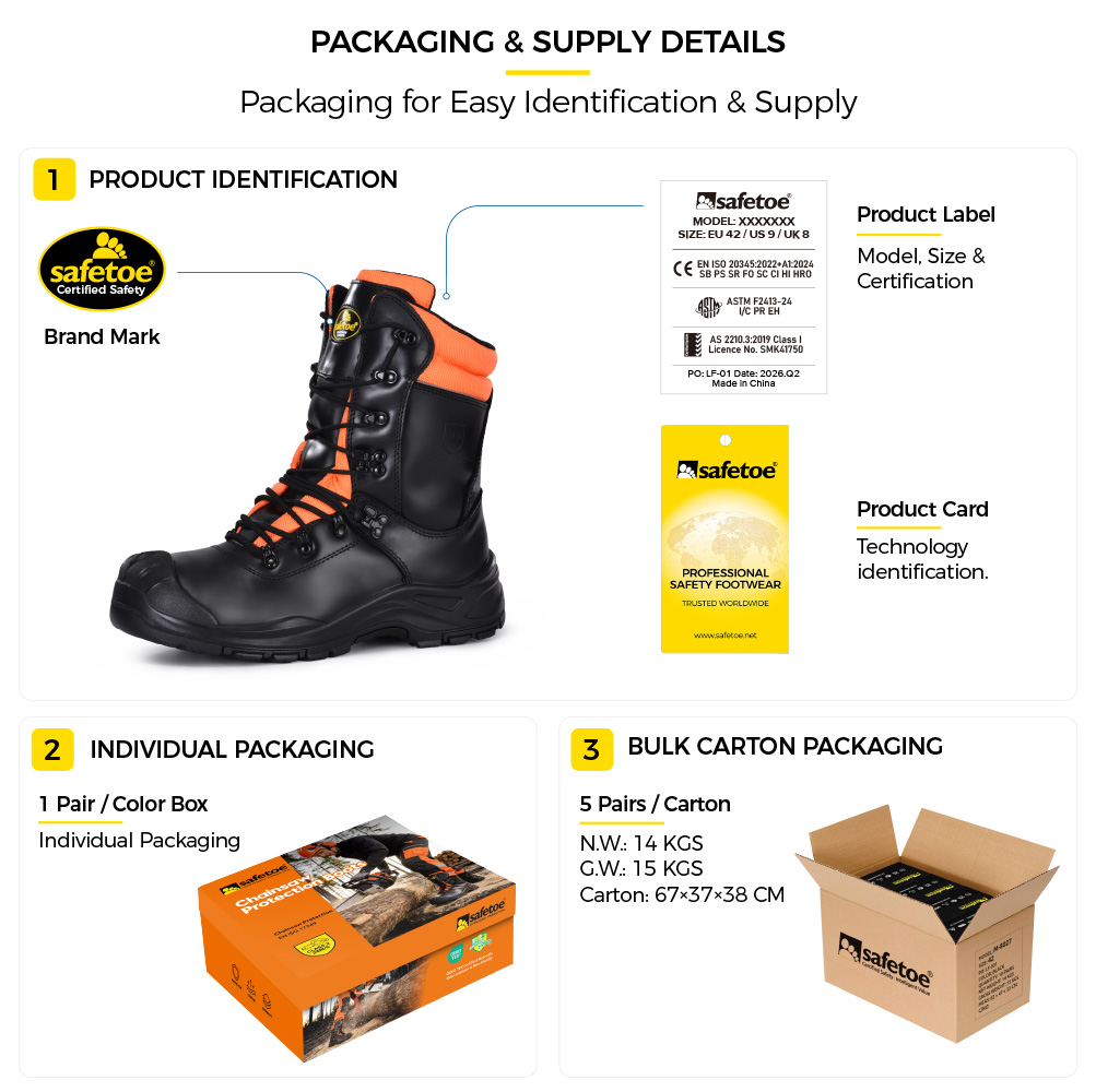 Safetoe H-9555 Chainsaw Safety Boots Packaging Details Safetoe Detalles del empaque de botas de seguridad para motosierras H-9555 que muestran la etiqueta del producto, caja de zapatos individual y suministro de cajas de cartón a granel