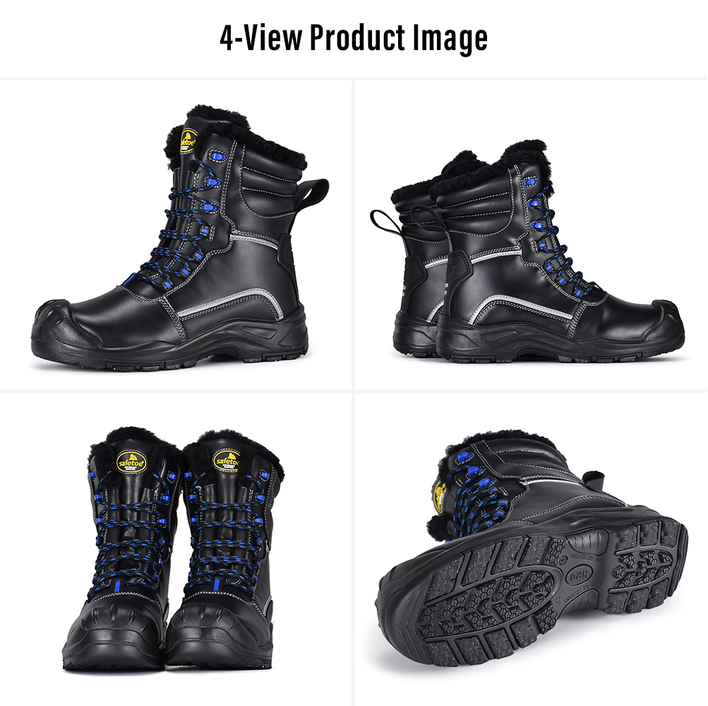 Safetoe H-9550 IceShield Pro Winter Safety Boots – Four Views Imagen de cuatro vistas de Safetoe Botas de seguridad de invierno con aislamiento H-9550 IceShield Pro que muestran vistas laterales, frontales, traseras y de suela con agarre para hielo