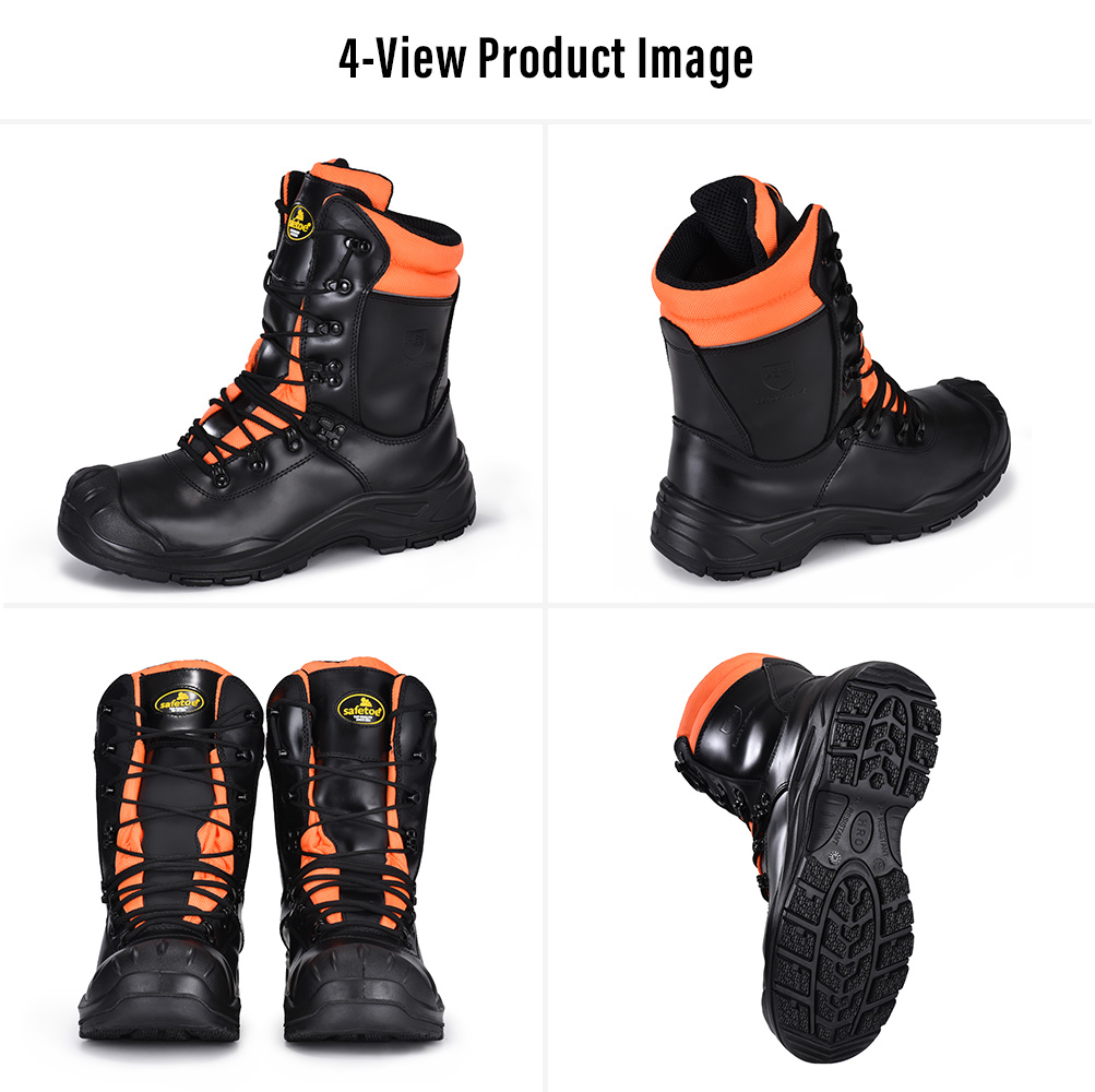 Safetoe H-9555 Forestry Chainsaw Safety Boots – Four Views Imagen de cuatro vistas de Safetoe Botas de seguridad para motosierras H-9555 para silvicultura y tala que muestra vistas frontal, trasera, lateral y de suela exterior
