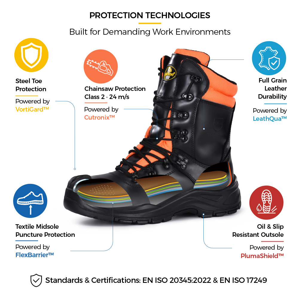 Safetoe H-9555 Chainsaw Safety Boot Protection Technologies Safetoe Tecnologías de protección de botas de seguridad para motosierras H-9555 con puntera de acero, protección para motosierras Clase 2, entresuela textil y suela exterior antideslizante al aceite