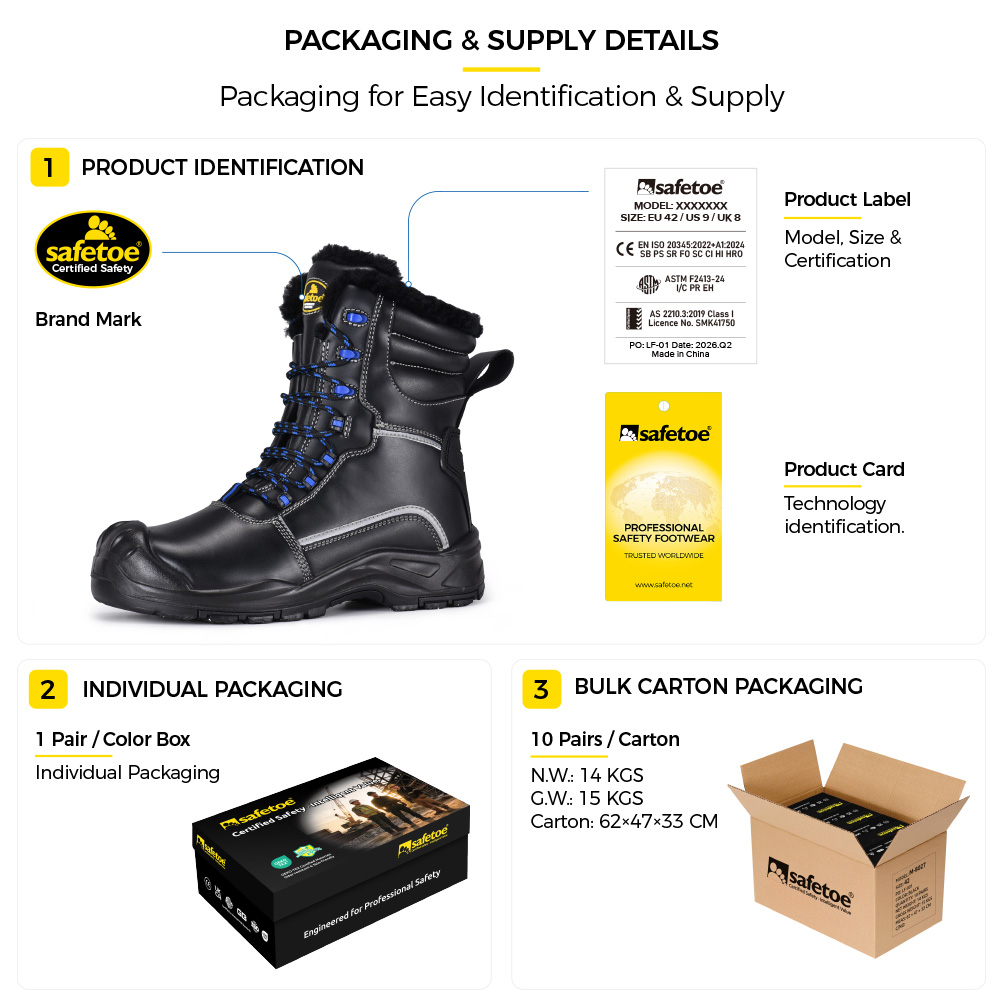 Safetoe H-9550 IceShield Pro Winter Safety Boots Packaging Details Safetoe Botas de seguridad de invierno H-9550 IceShield Pro Detalles del empaque que muestra la etiqueta del producto, la caja de zapatos individual y el suministro de cajas de cartón a granel
