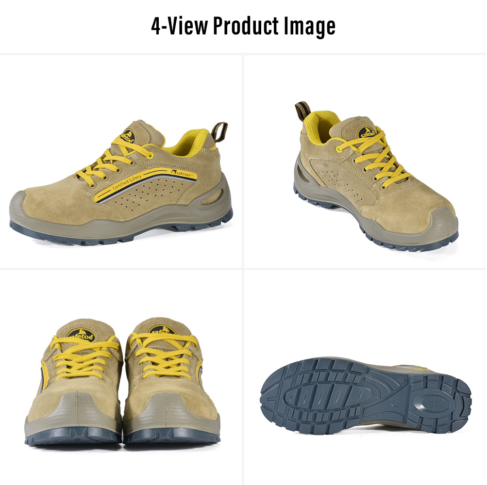 L-7296 Brown S1P Safety Shoes Four-View Display Imagen de producto de cuatro vistas de los zapatos de seguridad S1P de gamuza de vaca marrón L-7296