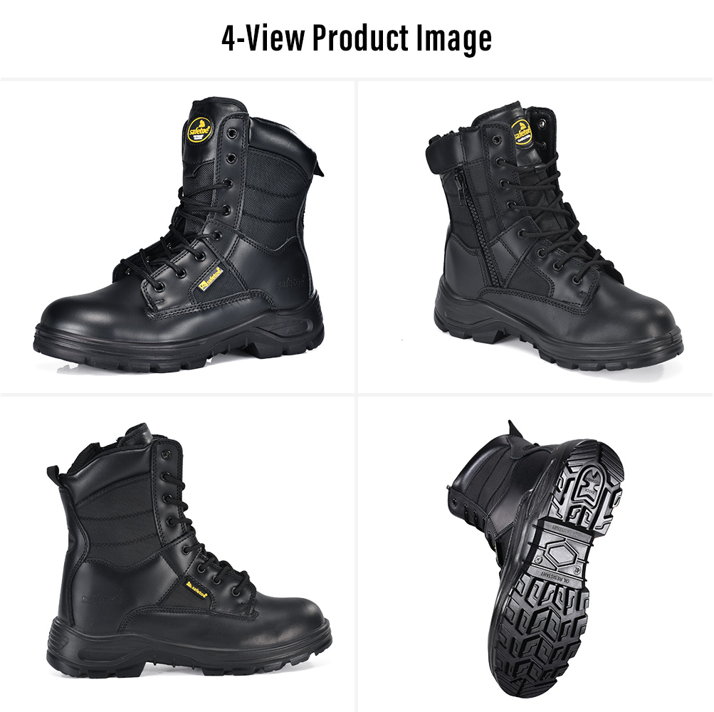 Safetoe H-9438 Tactical Side Zip Safety Boots – Four Views Imagen de cuatro vistas de Safetoe Botas de seguridad tácticas H-9438 con cremallera lateral que muestra vistas frontal, lateral, trasera y suela exterior antideslizante