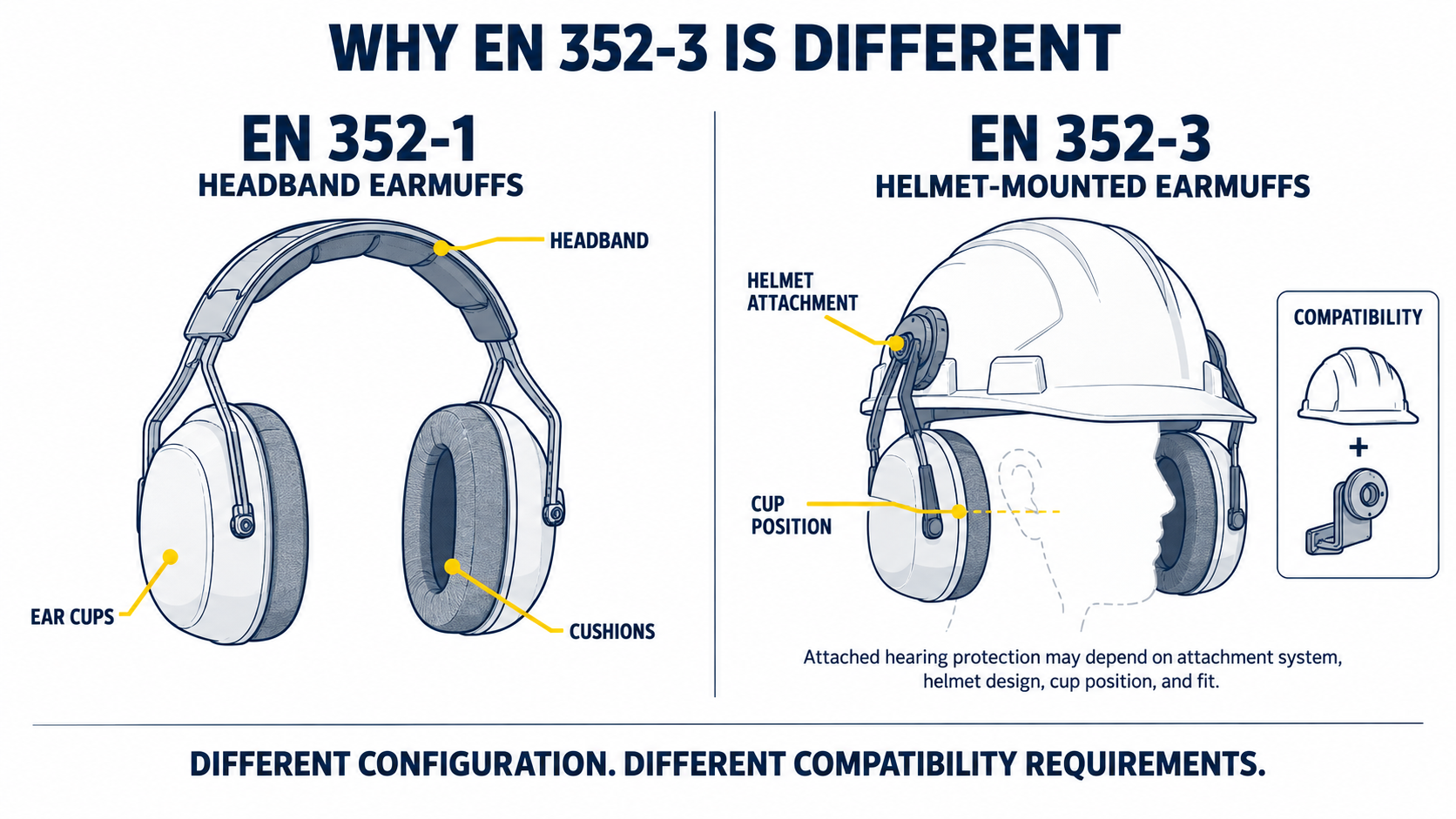 EN 352-1 vs EN 352-3 Earmuff Configuration Diferencia entre orejeras con diadema EN 352-1 y orejeras montadas en casco EN 352-3
