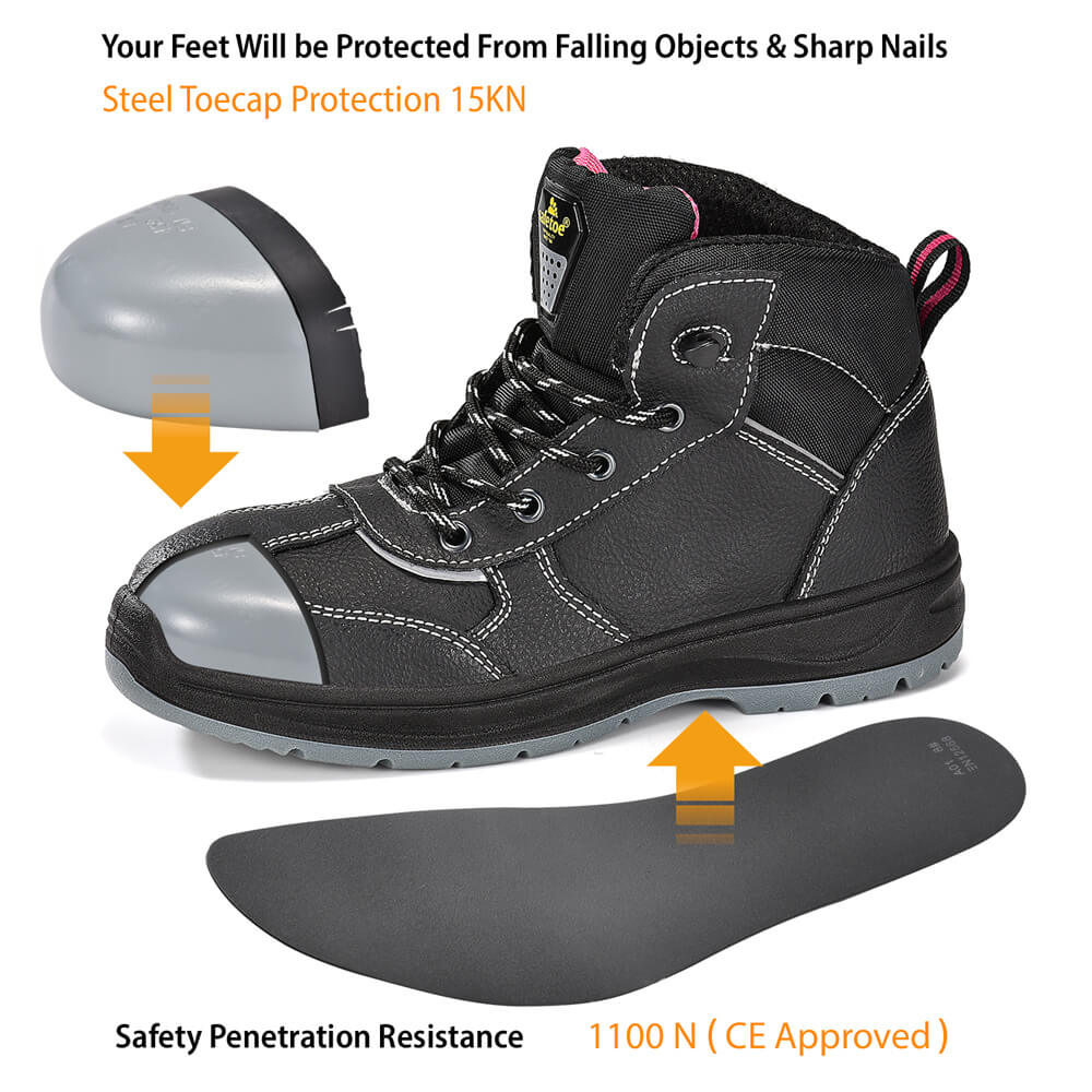 Botas de trabajo de seguridad impermeables de cuero negro para mujer Construcción M-8516W