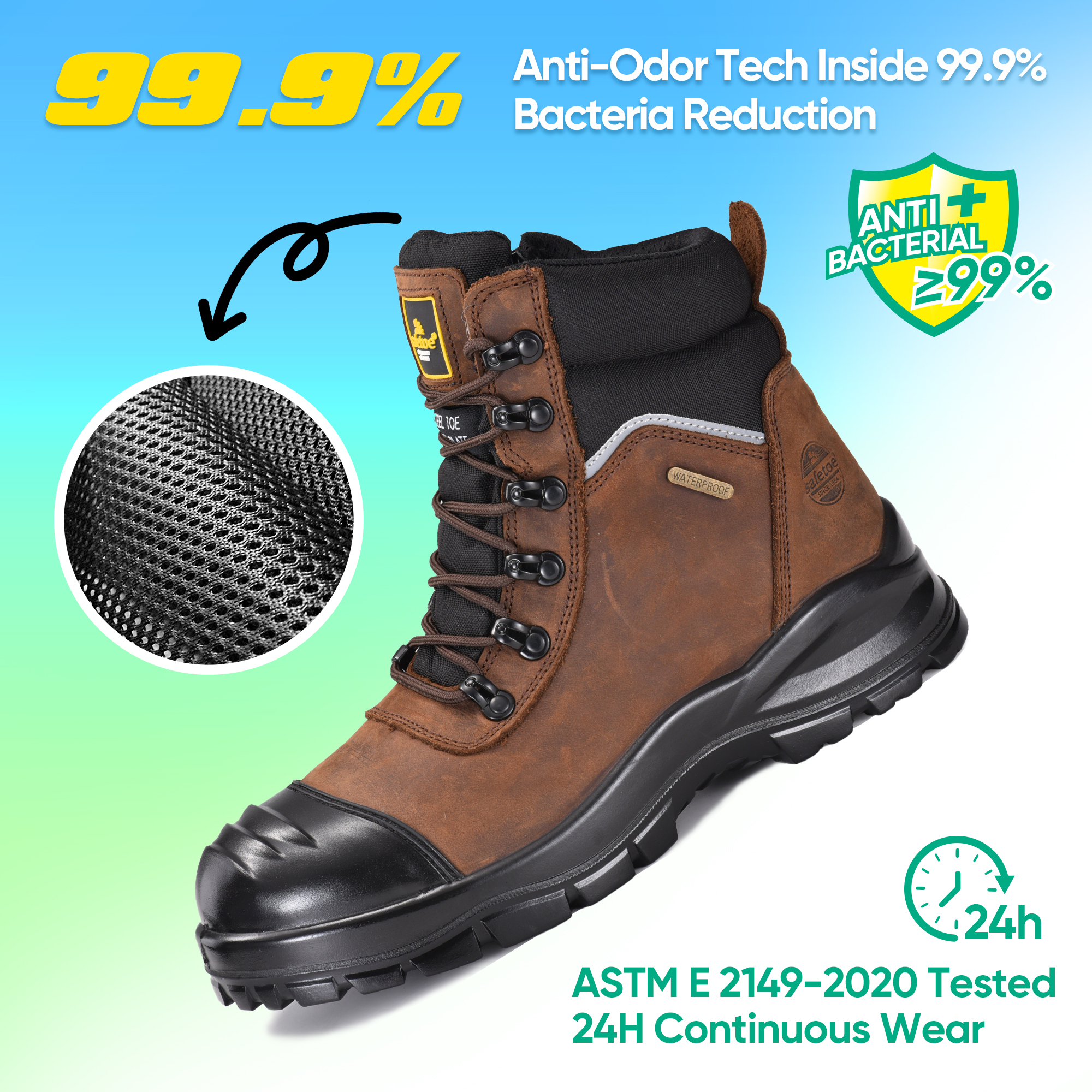 Botas de trabajo mineras con punta de acero, impermeables y con certificación AS 2210.3, con cremallera lateral M-8577 Marrón