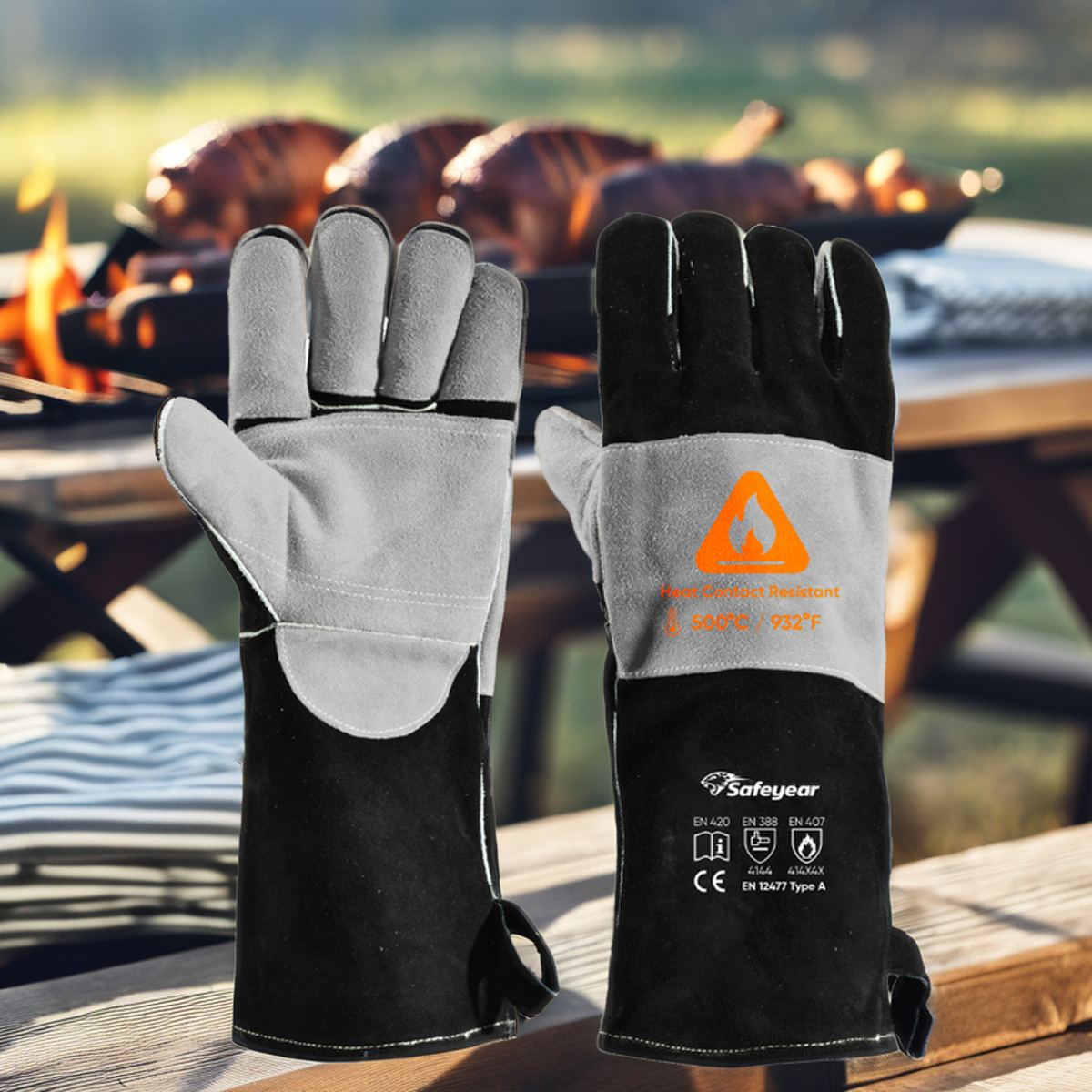 Guantes resistentes al calor para soldar guantes de cuero de vaca FL-1023 negro y gris