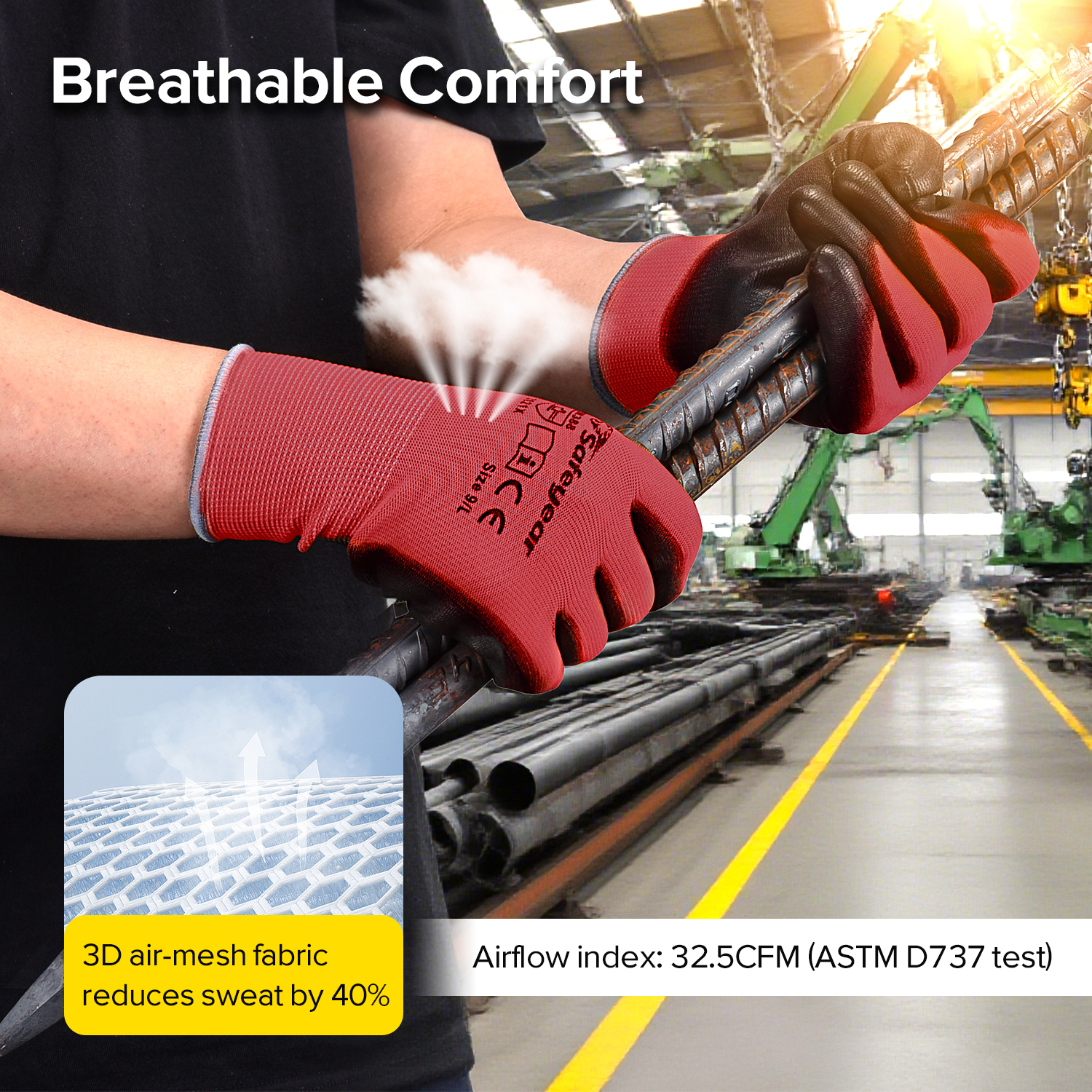 Guantes de trabajo resistentes recubiertos de PU PN8003 FlexShield Work Red 