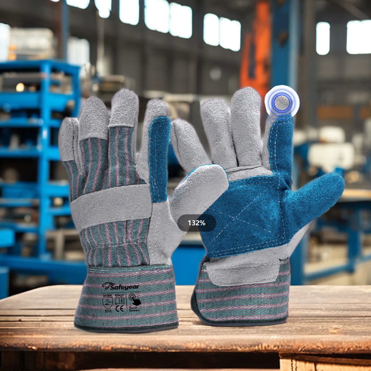 Guante Anticorte con Palma de Cuero Guantes de Impacto de Cuero FL-1015 Azul