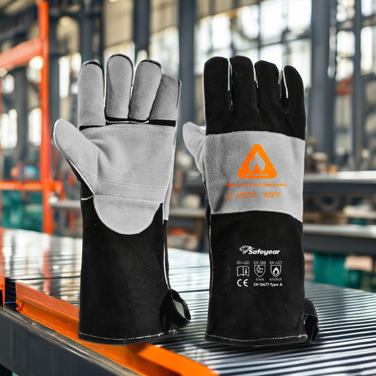 Guantes resistentes al calor para soldar guantes de cuero de vaca FL-1023 negro y gris
