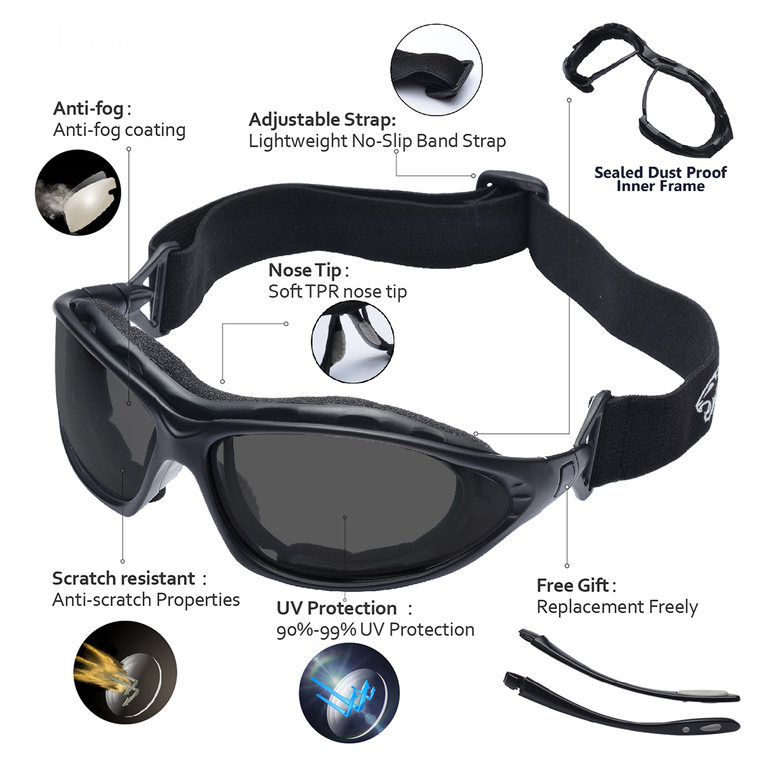 Gafas de seguridad antivaho ultracómodas con espuma interior acolchada | ANSI Z87.1 y EN166 SG002 Negro