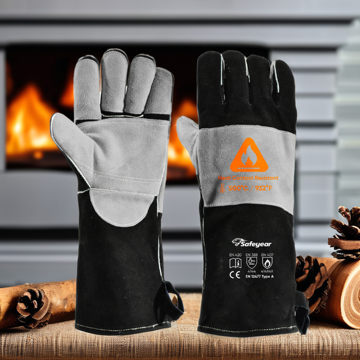 Guantes resistentes al calor para soldar guantes de cuero de vaca FL-1023 negro y gris