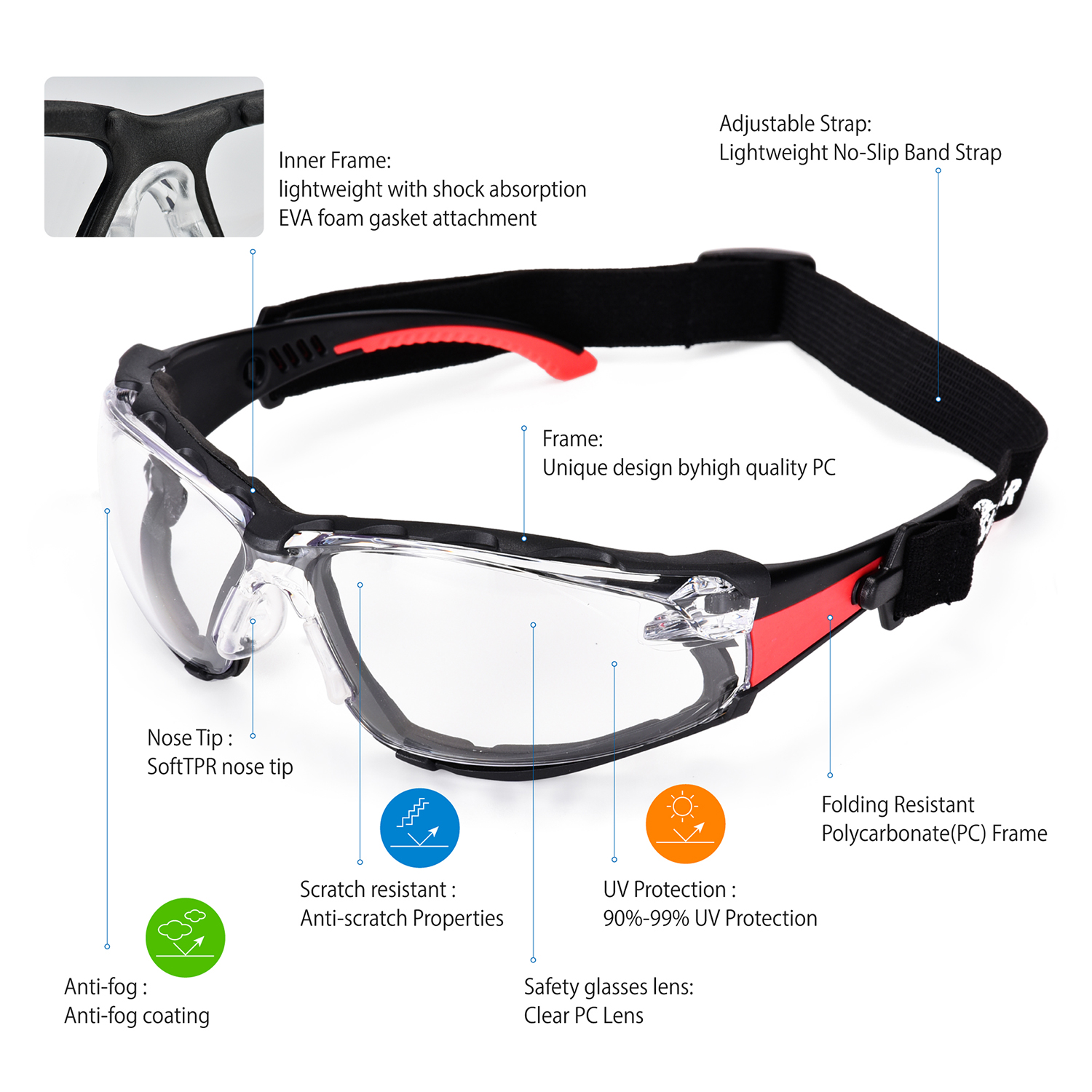 Gafas de seguridad antivaho para lugares de trabajo polvorientos con revestimiento de espuma | ANSI Z87.1 y EN166 SG037 Rojo