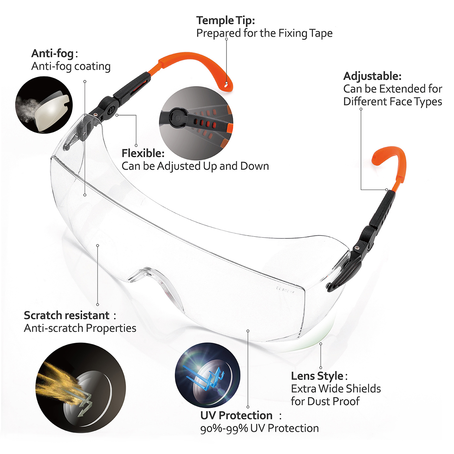 Gafas de seguridad de gran tamaño OTG que se ajustan sobre gafas graduadas | ANSI Z87.1 y EN166