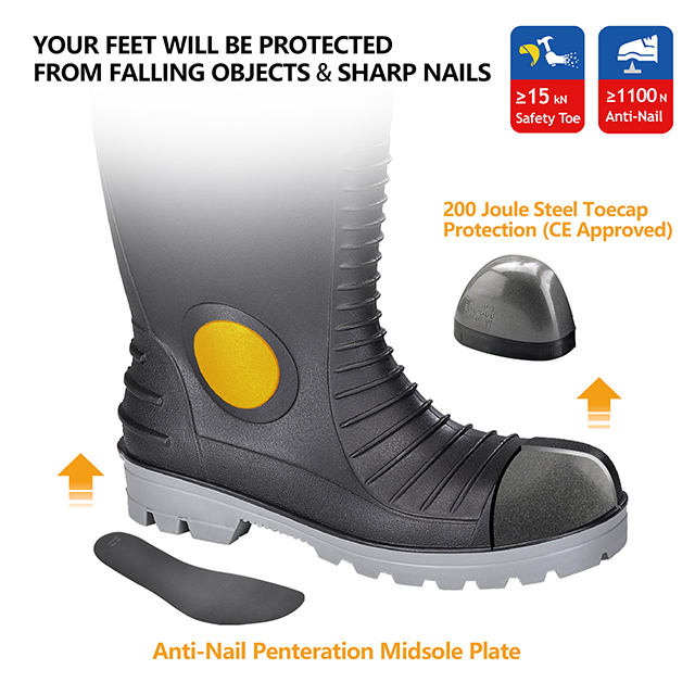 Botas de goma de goma impermeable W-6055 negro