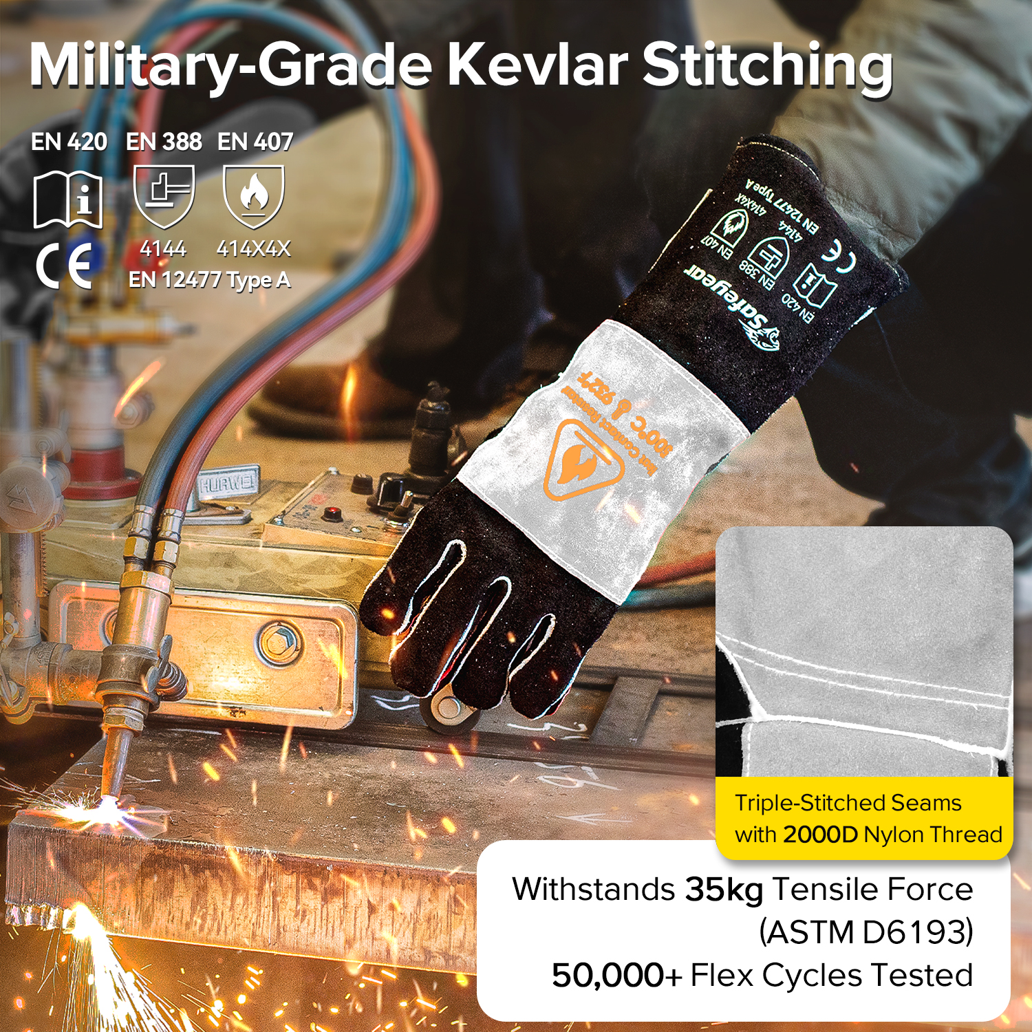 Guantes resistentes al calor para soldar guantes de cuero de vaca FL-1023 negro y gris