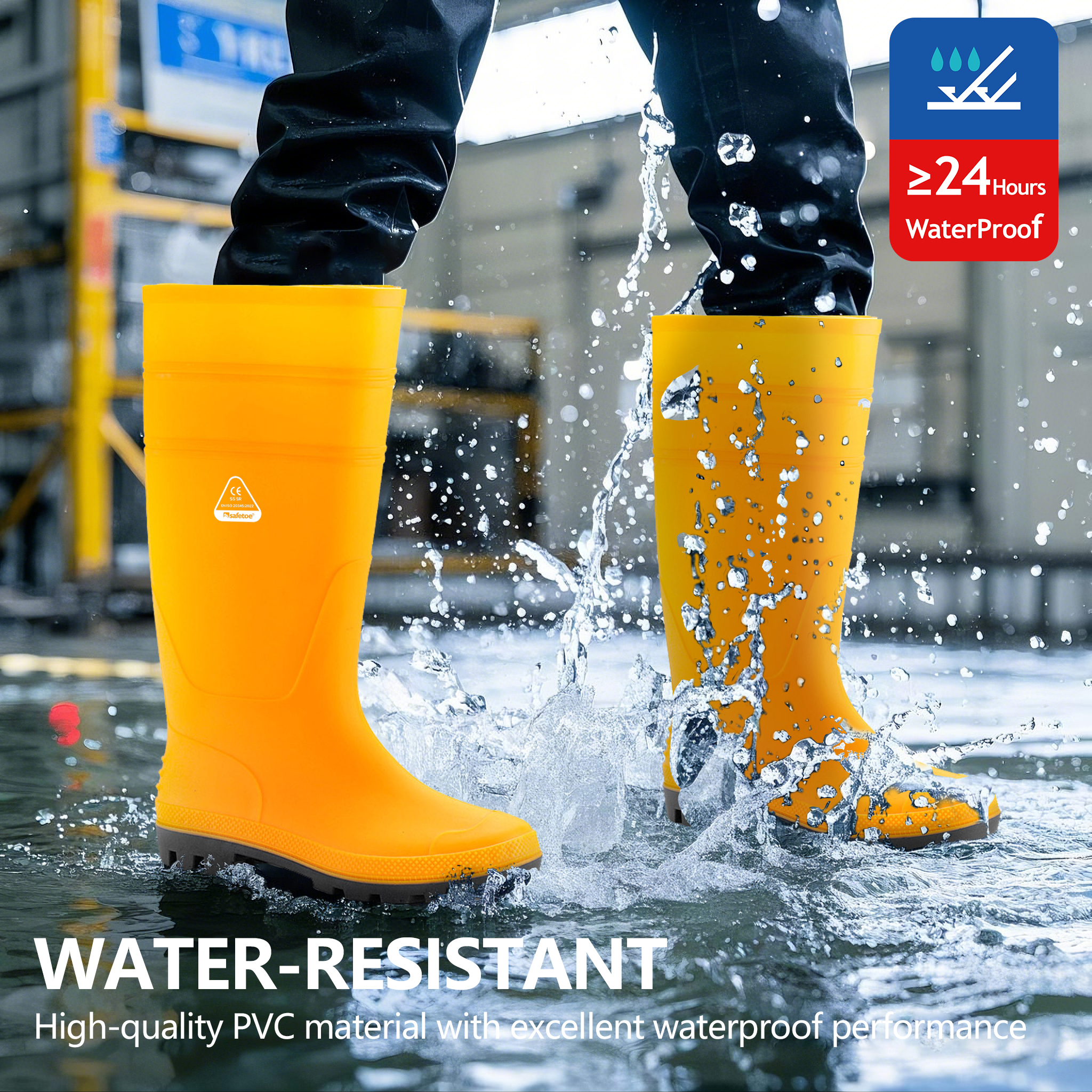 Botas de agua ocupacionales: botas de lluvia impermeables de PVC para uso en exteriores y limpieza, color amarillo