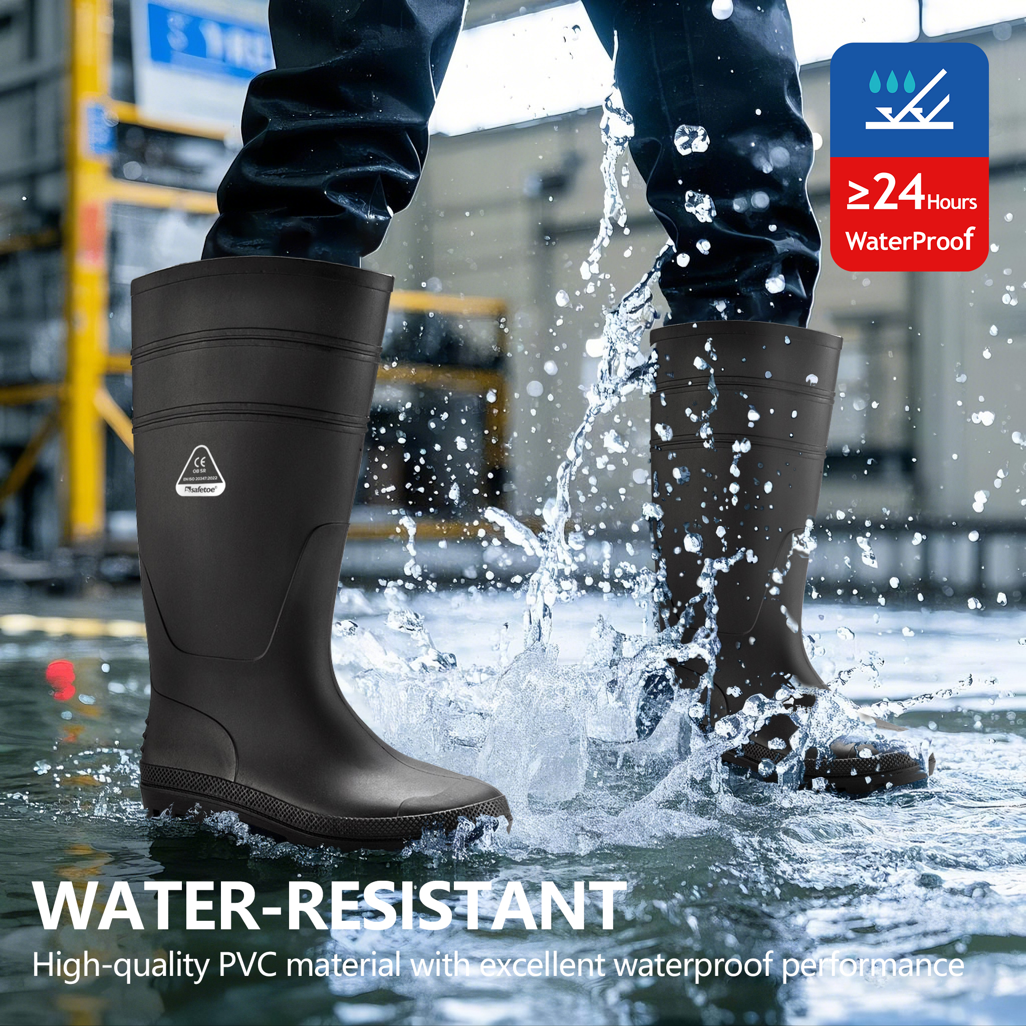 Botas de agua ocupacionales: botas de lluvia de trabajo de PVC impermeables para uso industrial y de almacén