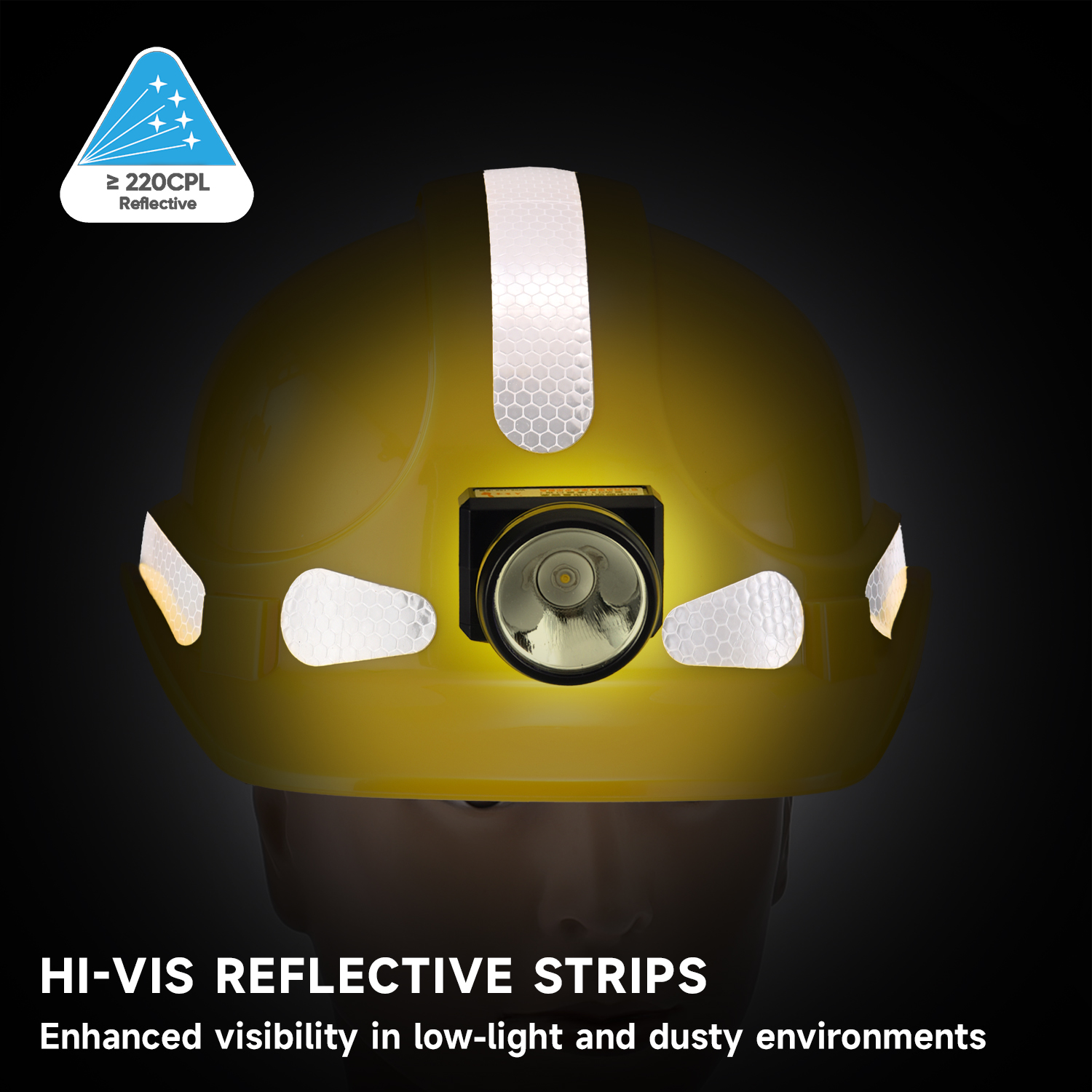 Casco de seguridad para minería y subterráneos con faro y tiras reflectantes