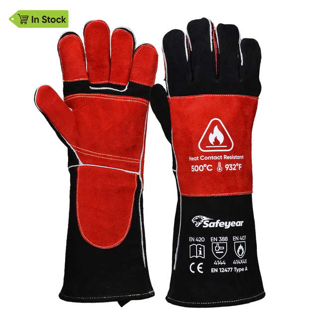  Guantes de cuero Guantes de soldadura resistentes al calor FL-1023 Negro y rojo