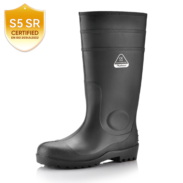 Botas de agua de seguridad S5 con aprobación CE - Botas industriales de PVC impermeables y resistentes W-6037 Black AquaPioneer