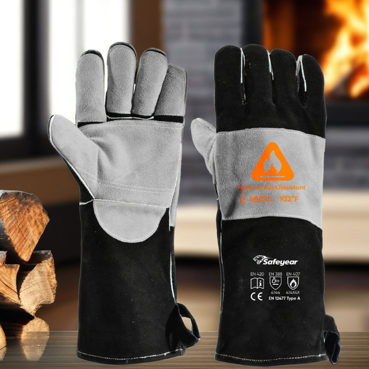 Guantes resistentes al calor para soldar guantes de cuero de vaca FL-1023 negro y gris