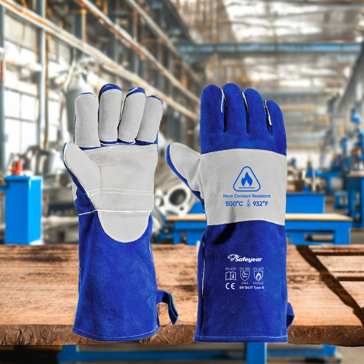 Guantes de protección contra arco eléctrico Guantes de soldadura Cuero de vaca FL-1023 Azul y gris