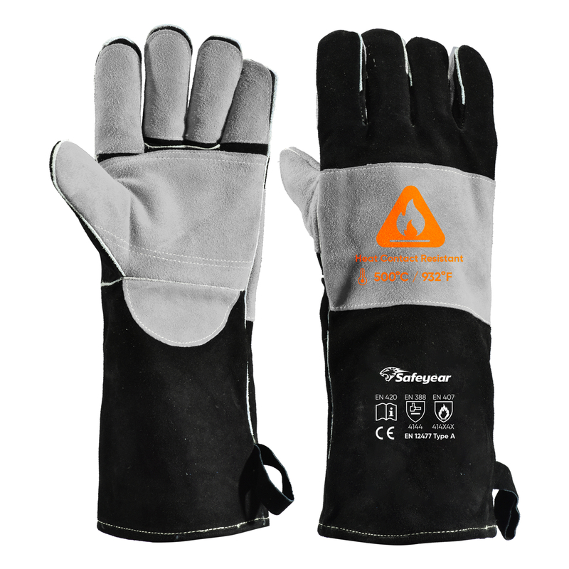 Guantes resistentes al calor para soldar guantes de cuero de vaca FL-1023 negro y gris