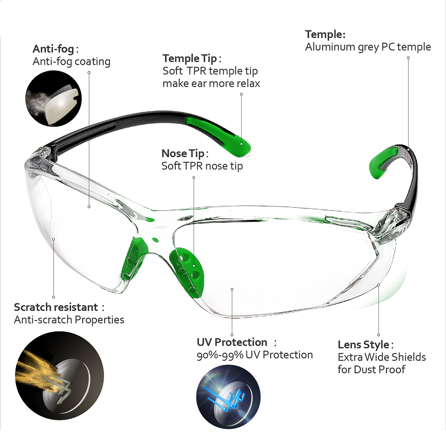 Gafas de seguridad antivaho y antiarañazos ANSI Z87.1 CE EN166 SG003 Verde