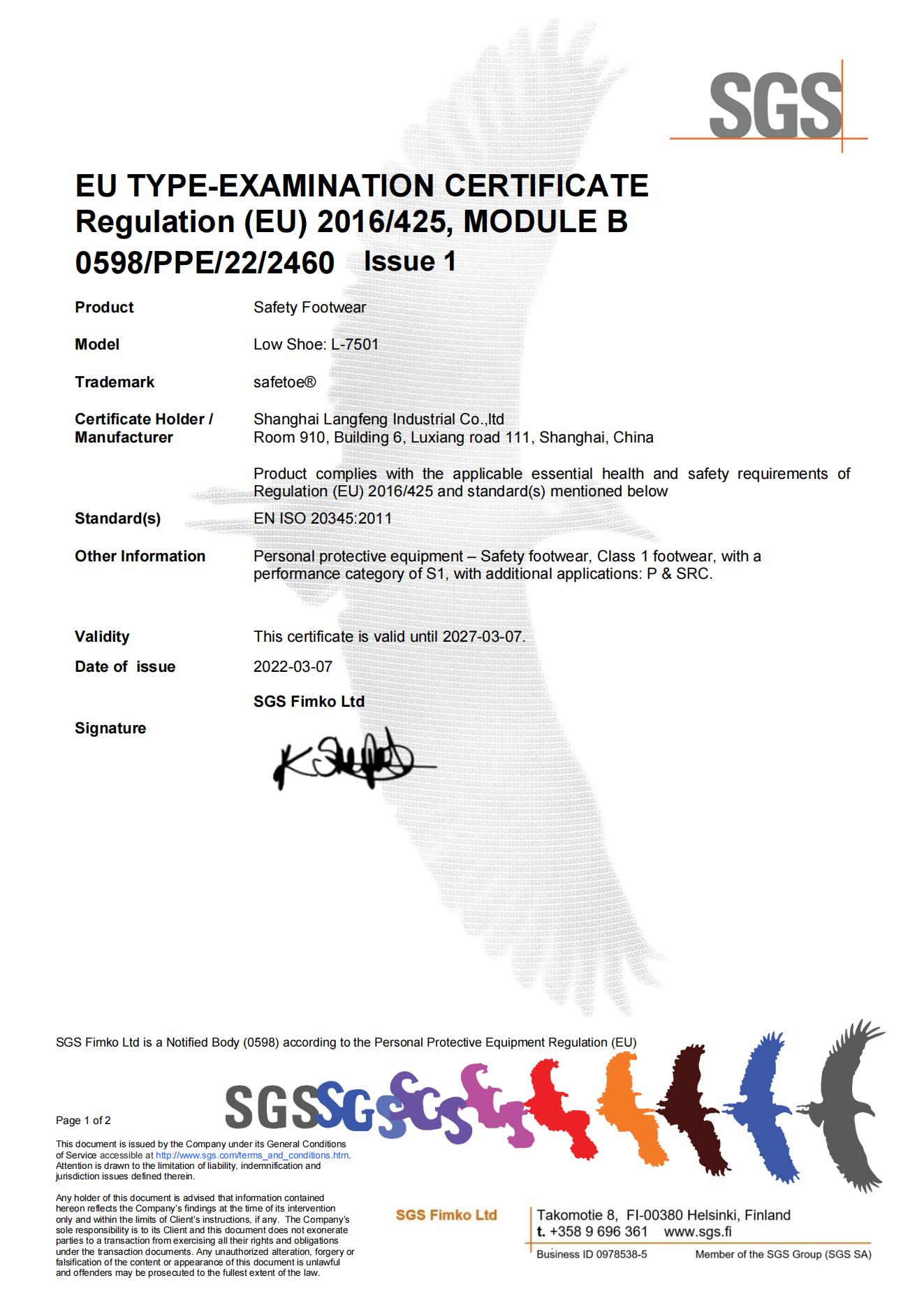 L-7501 Safetoe Certificado de CE para zapatos de seguridad