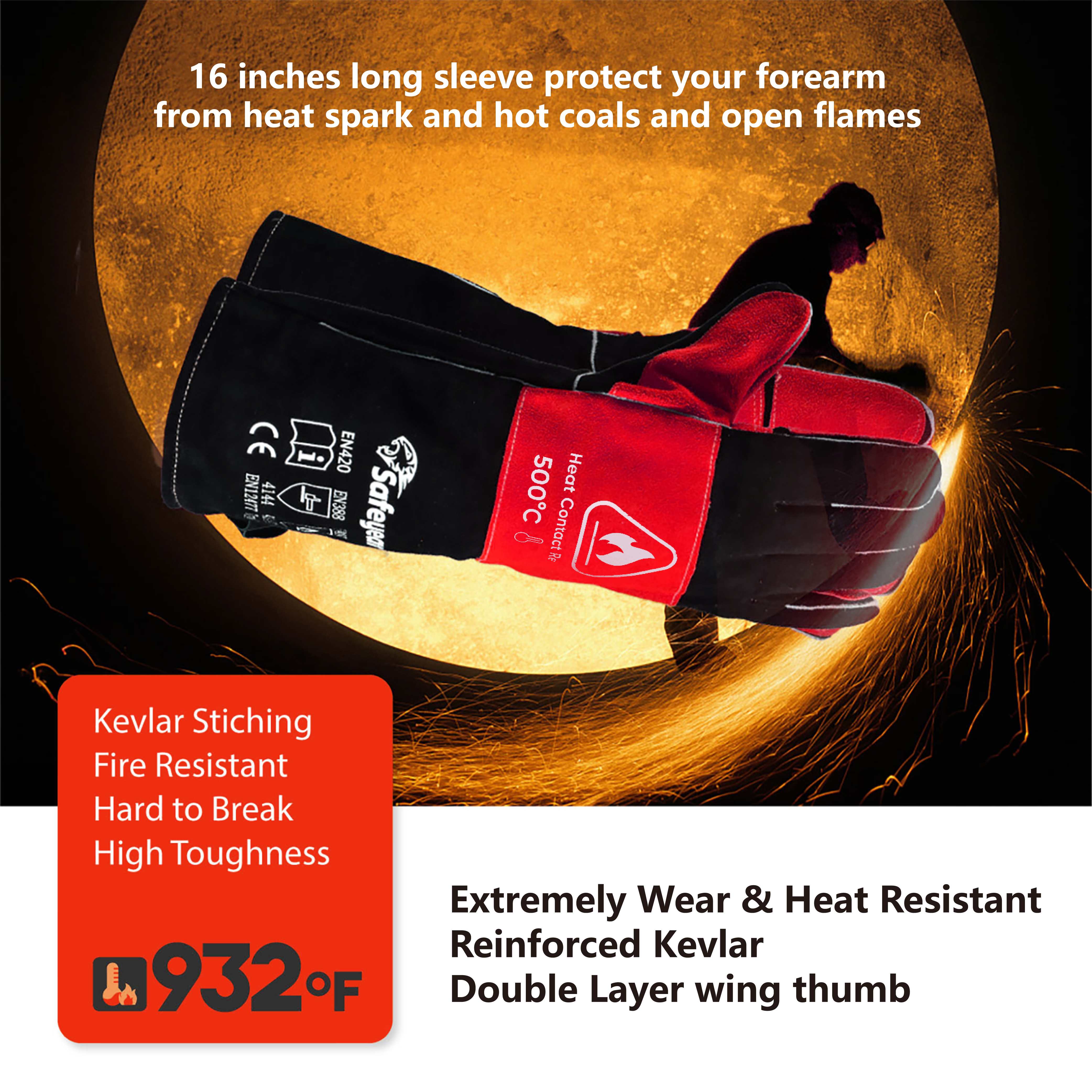  Guantes de cuero Guantes de soldadura resistentes al calor FL-1023 Negro y rojo