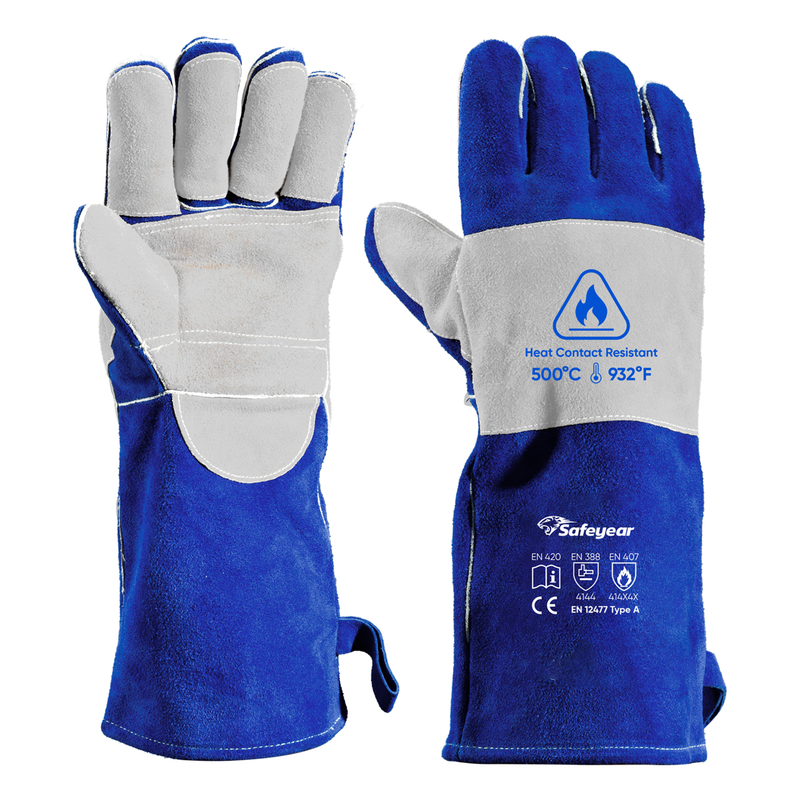 Guantes de protección contra arco eléctrico Guantes de soldadura Cuero de vaca FL-1023 Azul y gris