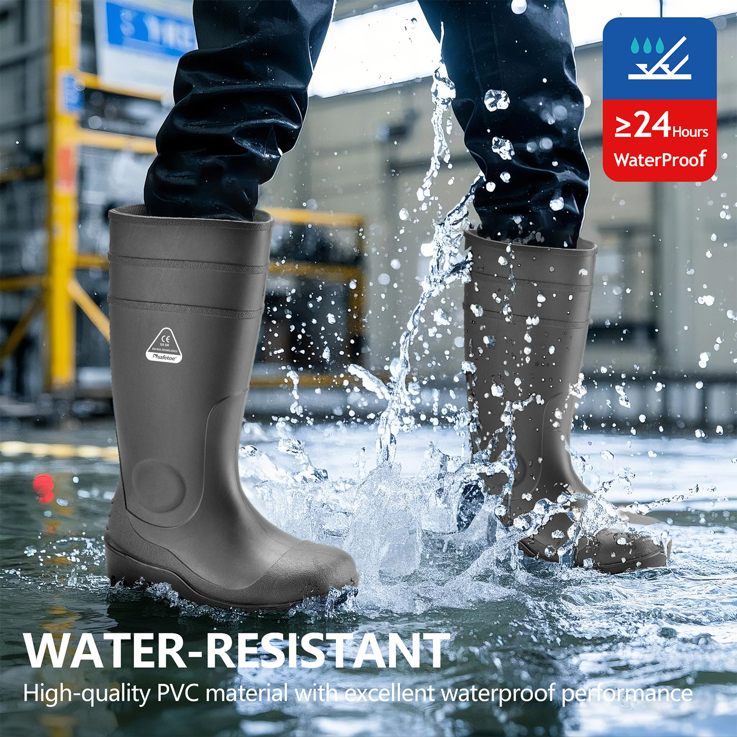 Botas de agua de seguridad S5 con aprobación CE - Botas industriales de PVC impermeables y resistentes W-6037 Black AquaPioneer