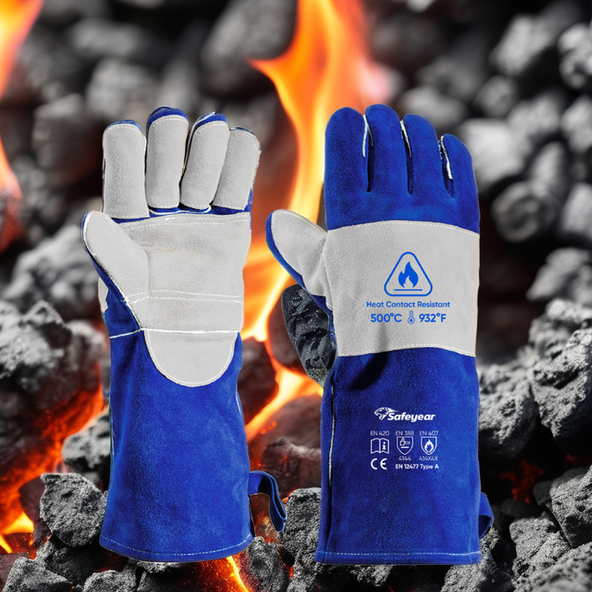 Guantes de protección contra arco eléctrico Guantes de soldadura Cuero de vaca FL-1023 Azul y gris