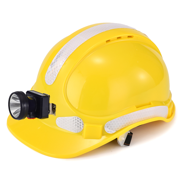Casco de seguridad para minería y subterráneos con faro y tiras reflectantes