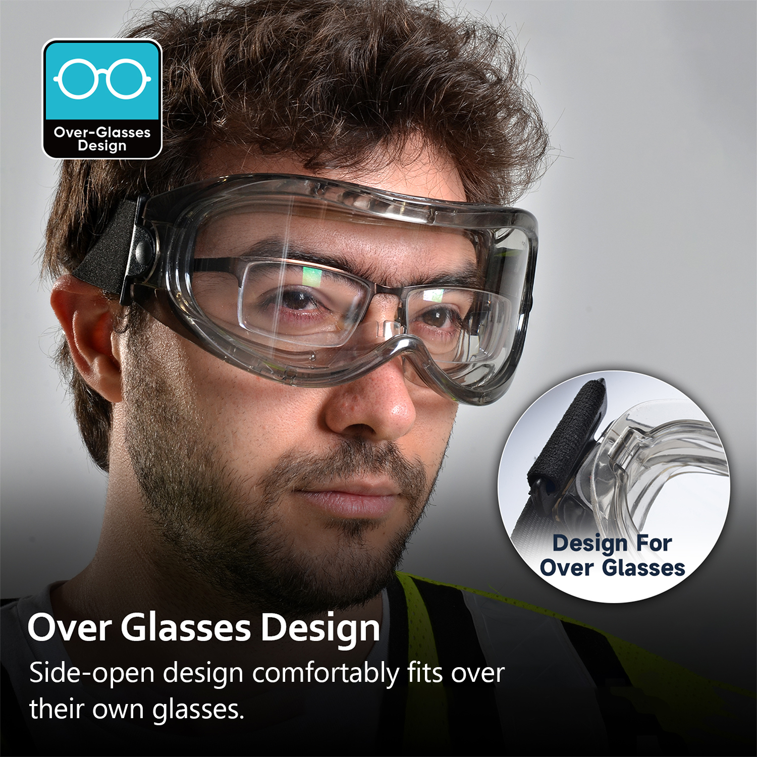Gafas de seguridad antivaho OTG con correa ajustable | ANSI Z87.1 y EN166
