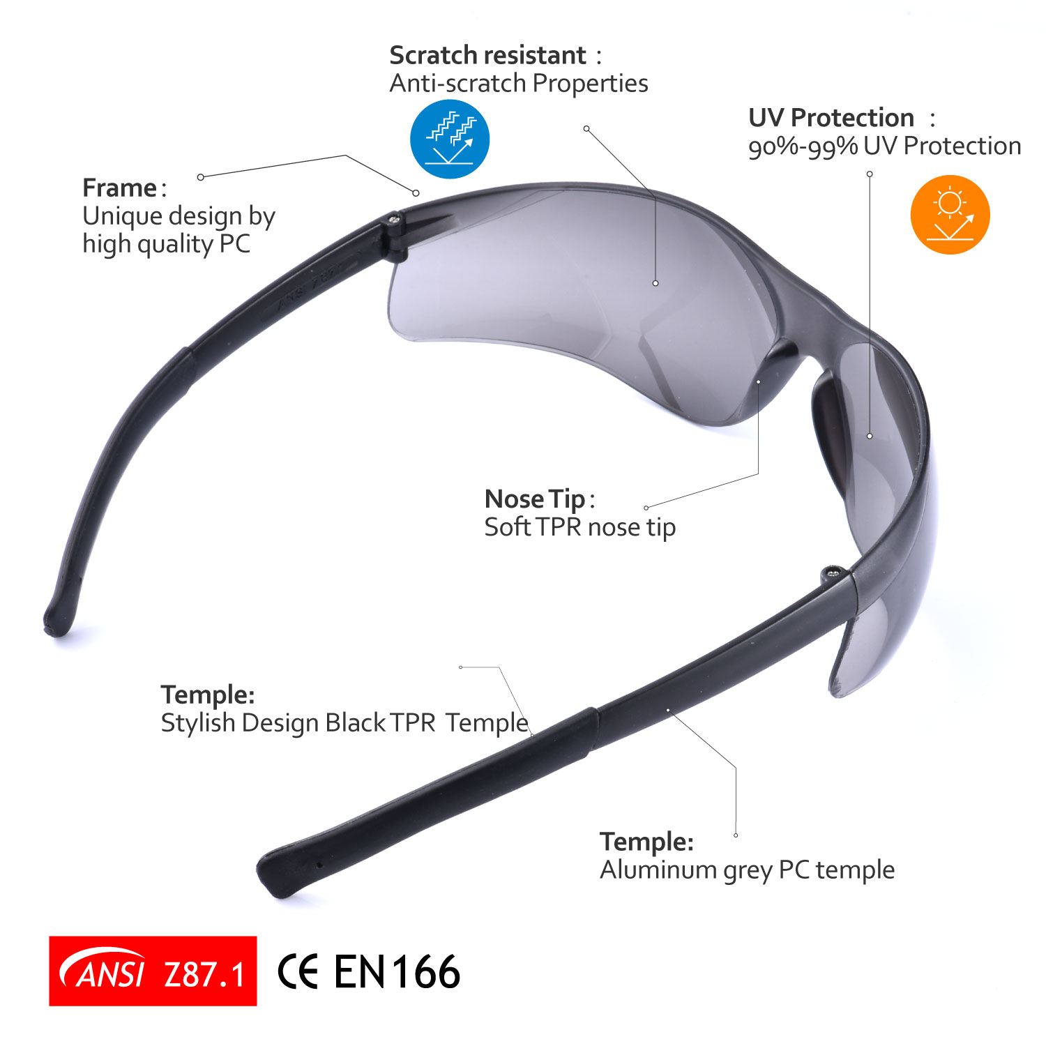 Gafas de sol de seguridad de lente oscura SG019