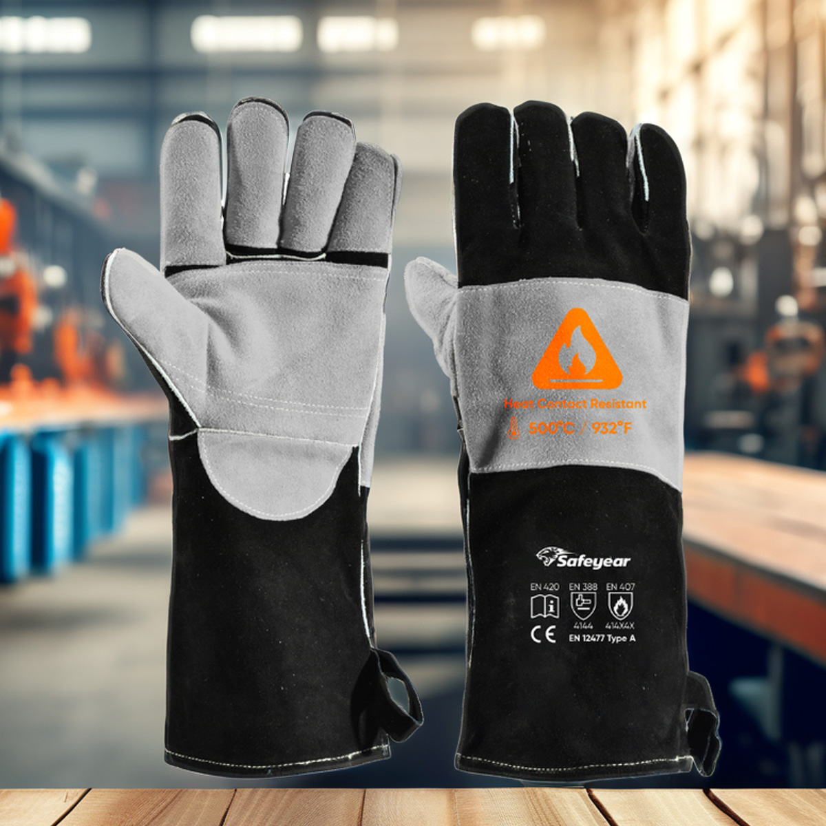 Guantes resistentes al calor para soldar guantes de cuero de vaca FL-1023 negro y gris
