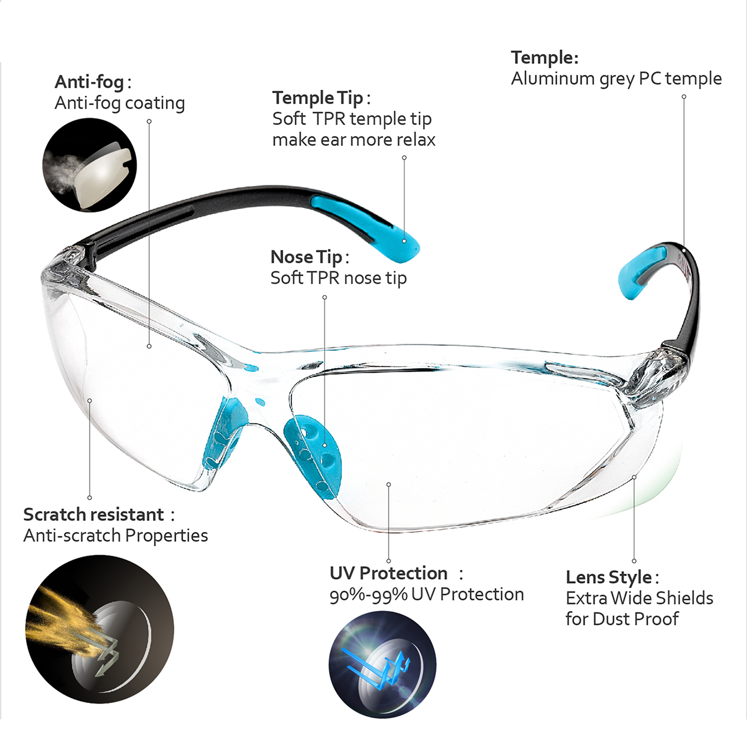 Gafas de seguridad CE EN166 UV400 Gafas protectoras de trabajo SG003 Azul