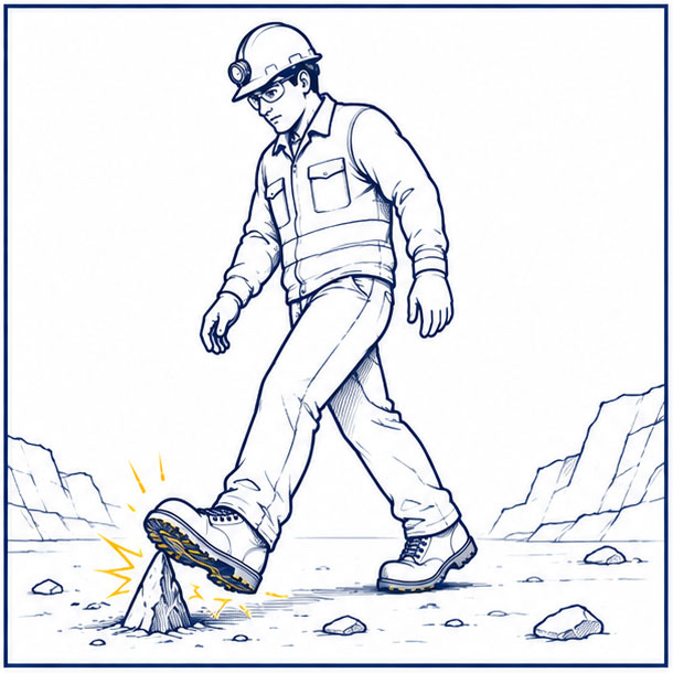 Peligros de perforaciones por rocas afiladas y bajo los pies en sitios de trabajo de procesamiento de minerales