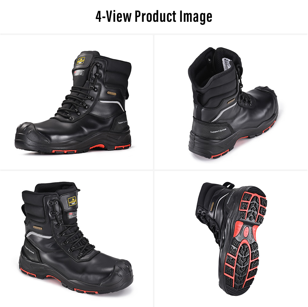 Cuatro vistas de Safetoe botas de seguridad de invierno con aislamiento negro H-9552BK